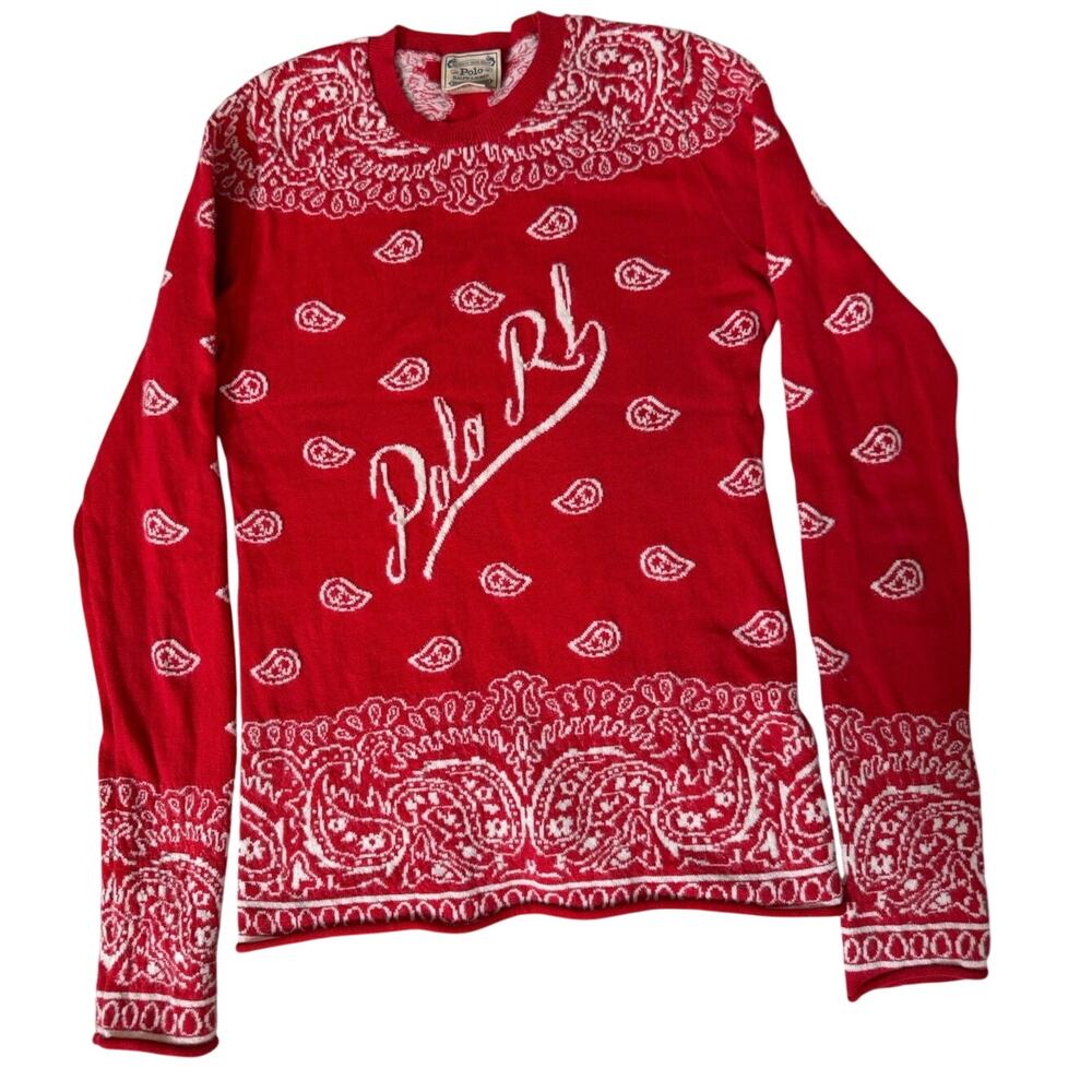 Polo Ralph Lauren Bandana Print Knit Sweater Red Lambswool Blend Script Logo S